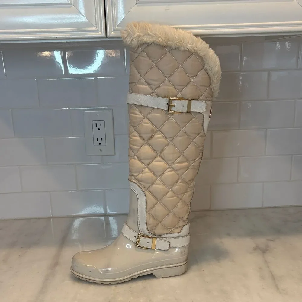 Michael Kors Boots Fulton Harness Quilted Tall Fur Lined Rainboots Winter Size 6